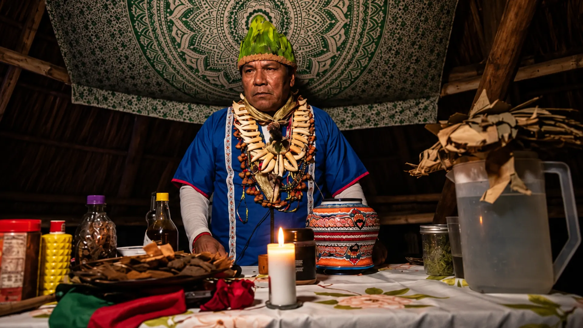 Maestro con corona de plumas frente al altar ceremonial