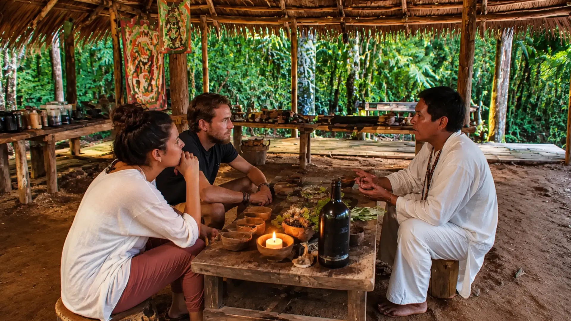 Conversación previa con el maestro en una maloca rodeada de selva